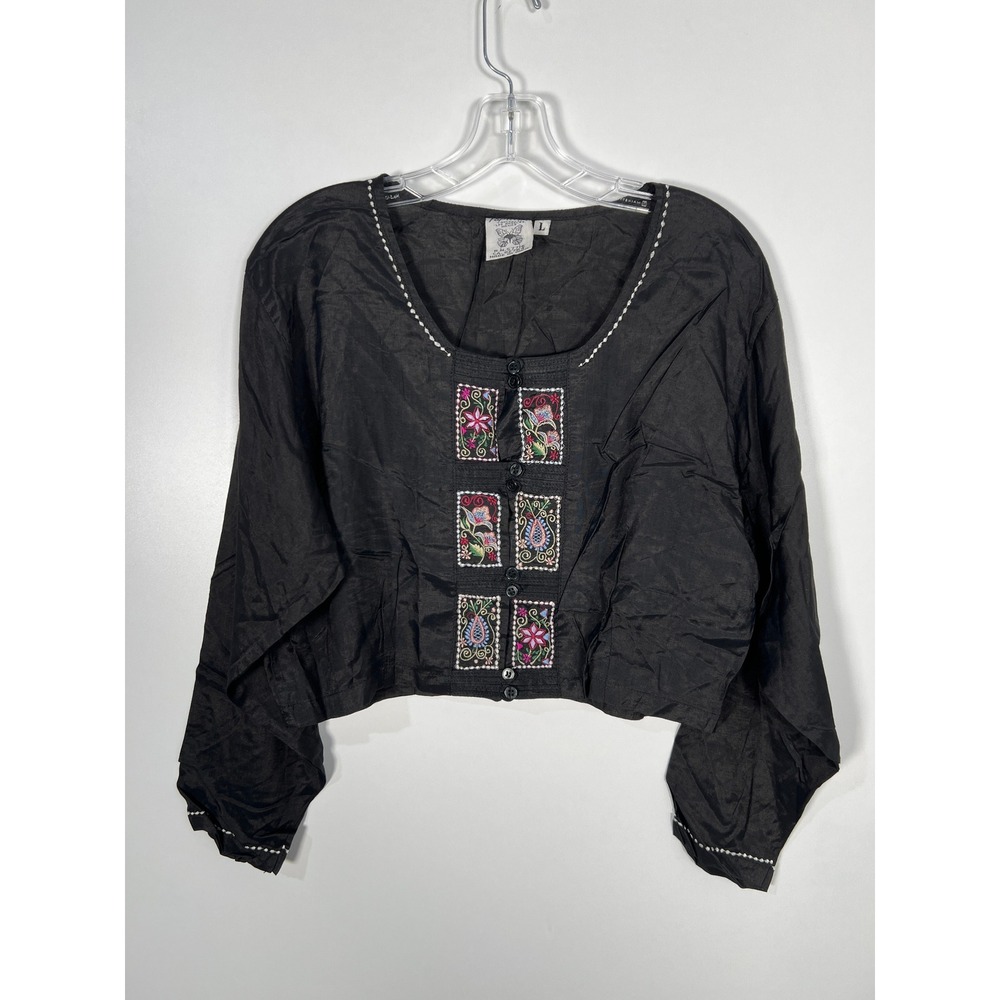 Vintage Papillon Black Embroidered Floral Crop Top Boho Festival Blouse Large